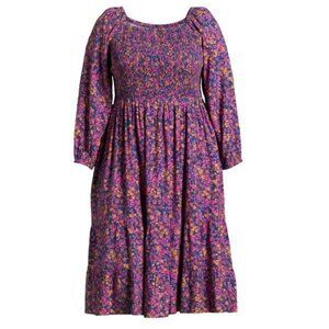 Terra & Sky Women's Plus Size Square Neck Smocked Dress, SMALL DITSY FIELD/BLUE